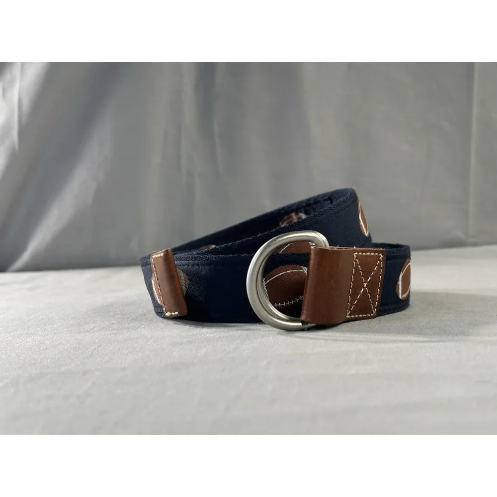 Cremieux Twill Weave Navy Blue Belt Featuring Footballs Double Ring Buckle